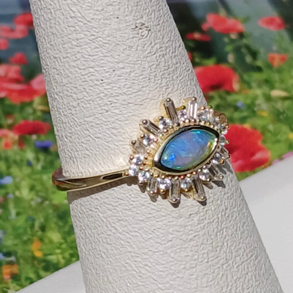 NWT Vintage Genuine Opal Solid Sterling Silver Gold Over Evil Eye Ring Size 7